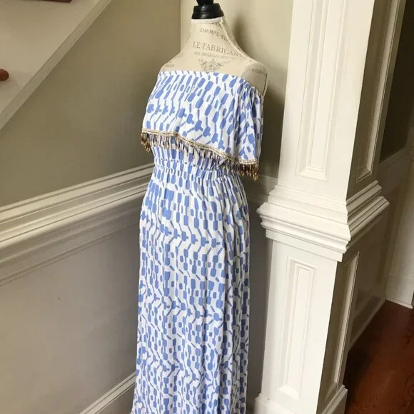 Skemo Beaded Maxi Dress Womens Small Blue White Sleeveless Tube Cover Up Ruffle - Picture 7 of 12